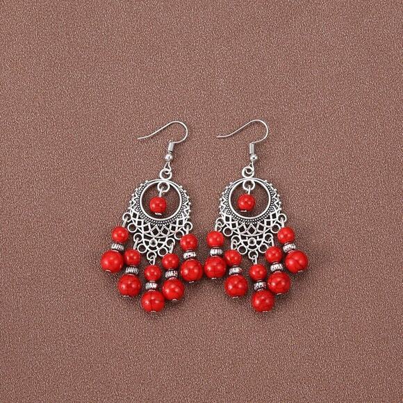 Ethnic Style Water Droplets Red Bead Hollow Alloy Turquoise Tassel Earrings Retr - Picture 8 of 10